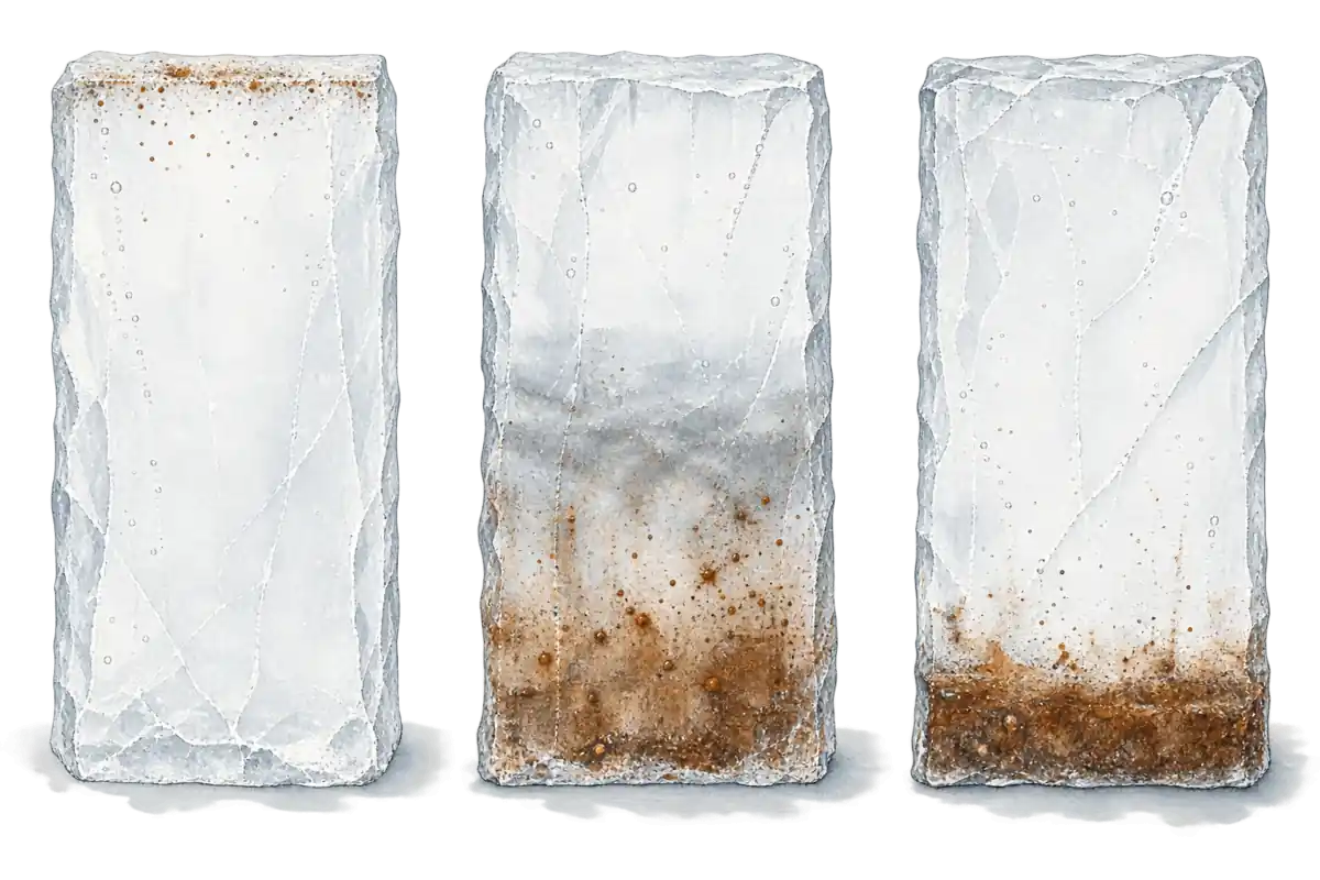 模式図。方向性凍結の全工程を4段階で示した図。断熱して凍結が進み、濁りが下部に寄り、その部分が分離されるまでの流れ。